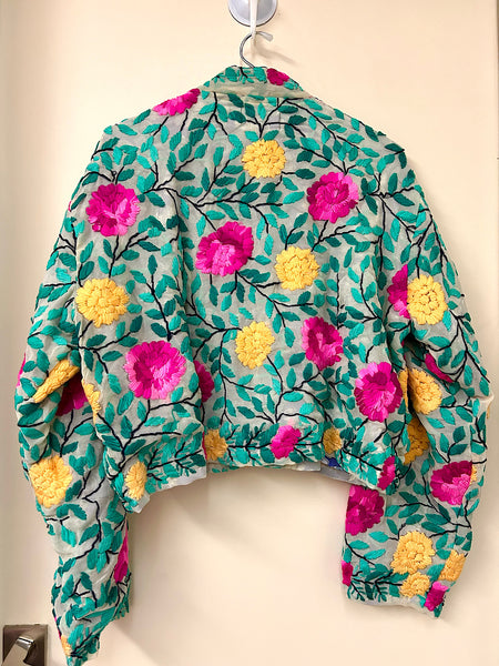 Off White with Yellow and Pink Flowers Crop Bohemian Jacket