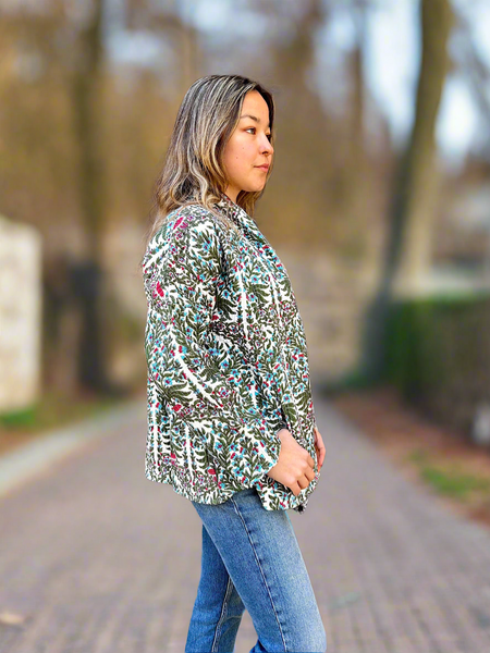 Green Botanical Print Cotton Wrap Reversible Jacket