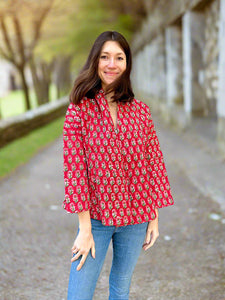 Red Floral Print Cotton Wrap Reversible Jacket