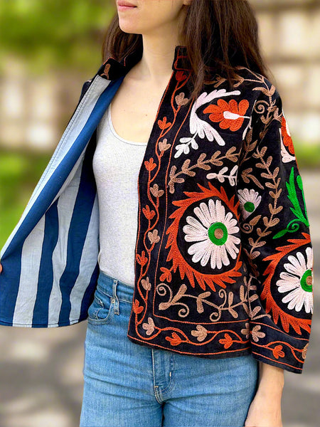 Black with Orange and Green Velvet Embroidered Jacket