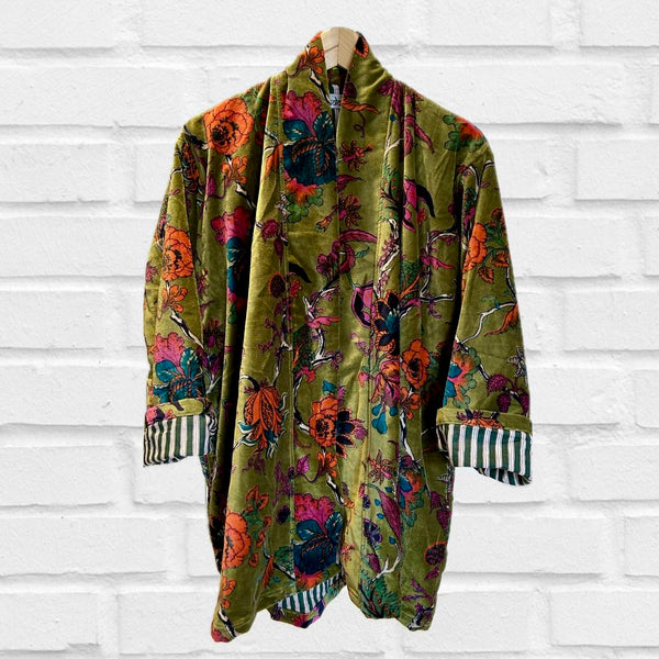 Olive Green Botanical Print Velvet Jacket