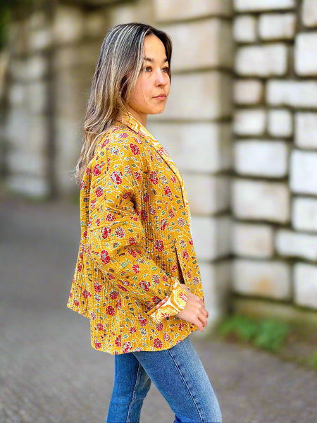 Mustard Yellow Floral Print Cotton Wrap Reversible Jacket