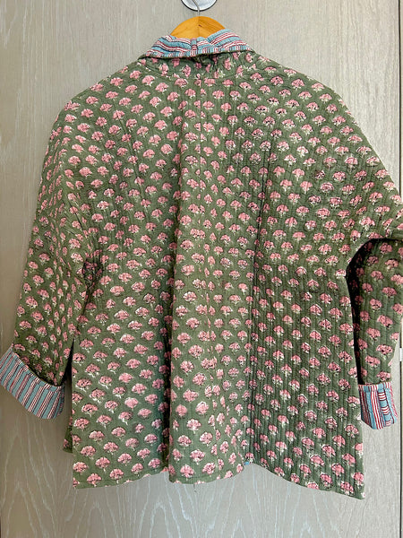 Green with Pink Flowers Cotton Wrap Reversible Jacket