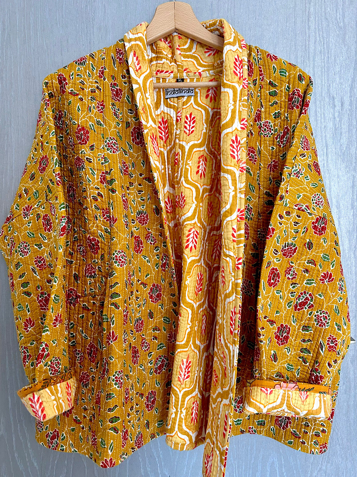 Mustard Floral and Aztec Cotton Wrap Reversible Jacket