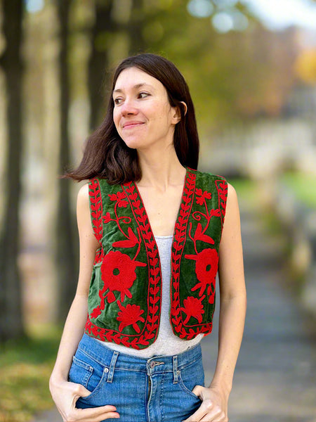 Green and Red Velvet Embroidered Vest