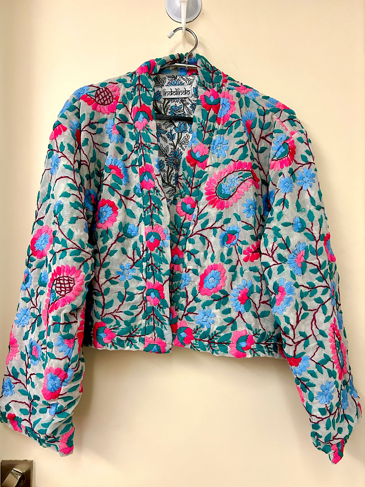 Off White with Pink and Blue Flowers and Paisley Crop Bohemian Jacket