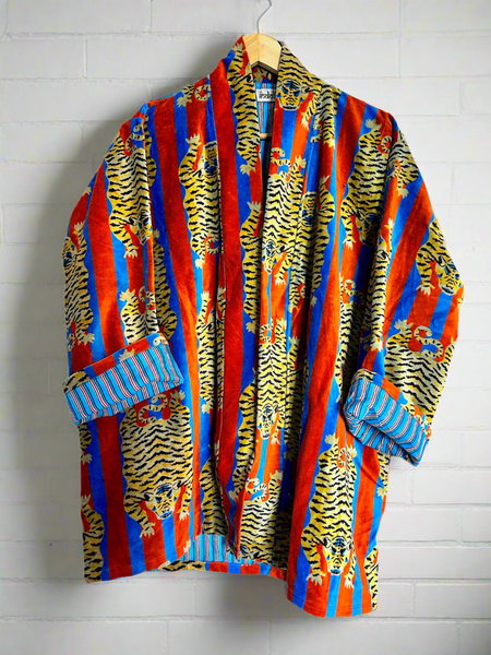 Blue and Red Tiger Print Short Velvet Jacket