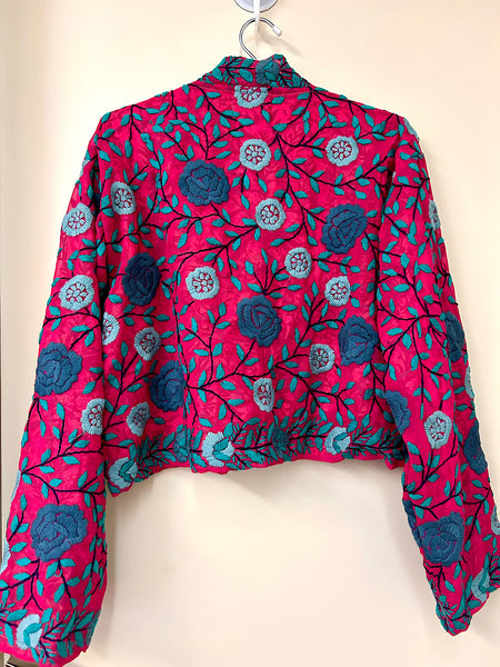 Deep Pink with Grey Flowers Crop Bohemian Jacket