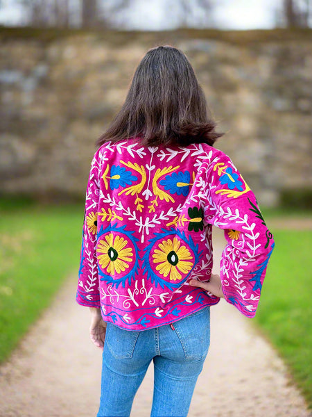 Pink With Blue and Yellow Velvet Embroidered Jacket