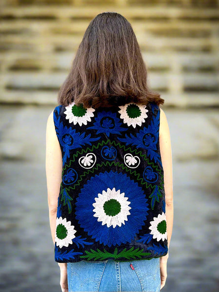 Black with Blue and White Velvet Embroidered Vest