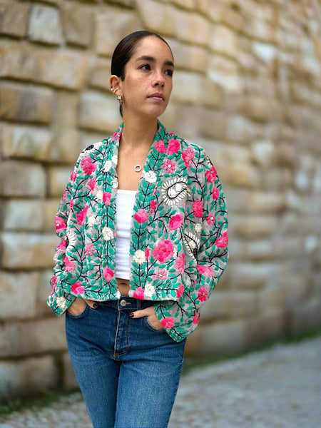 Off White with Pink and White Flowers Crop Bohemian Jacket