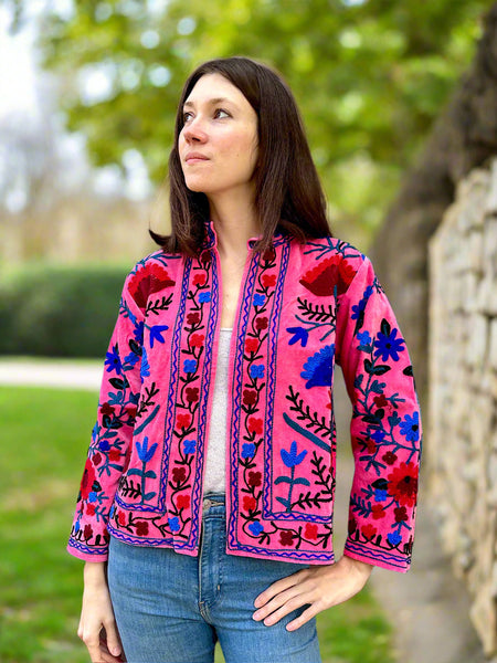 Pink and Blue Velvet Embroidered Jacket