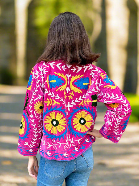 Pink With Blue and Yellow Velvet Embroidered Jacket