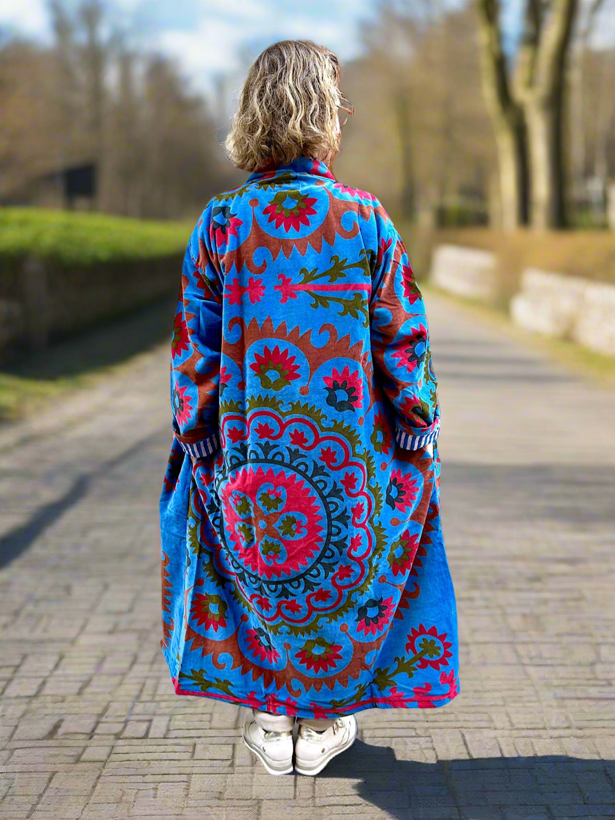 Blue Mandala Print Long Velvet Jacket