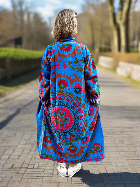 Blue Mandala Print Long Velvet Jacket