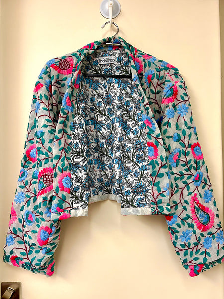 Off White with Pink and Blue Flowers and Paisley Crop Bohemian Jacket