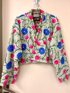 Cream with Blue and Pink Flowers Crop Bohemian Jacket