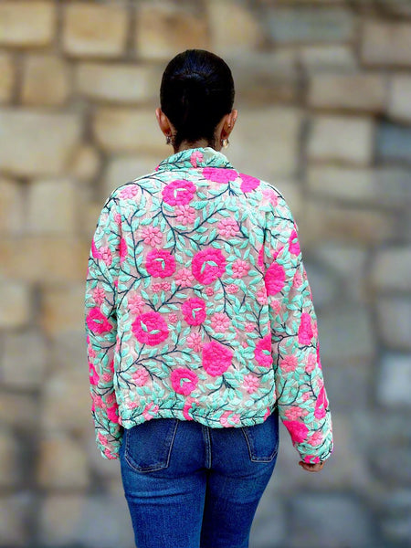 Mint Green with Pink Flowers Crop Bohemian Jacket