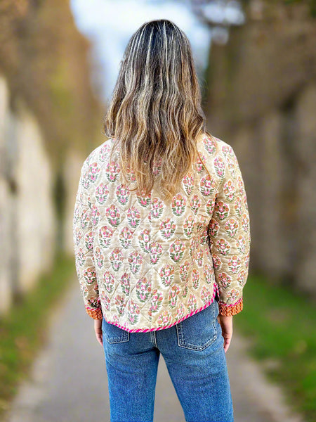 Beige Floral Motif Print Cotton Short Reversible Jacket