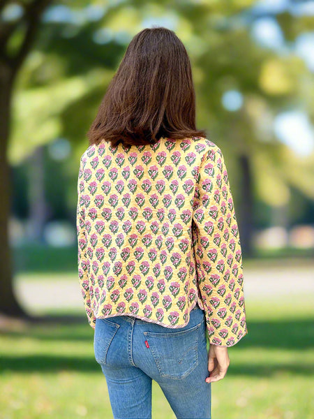 Pastel Yellow Motif Print Cotton Short Reversible Jacket