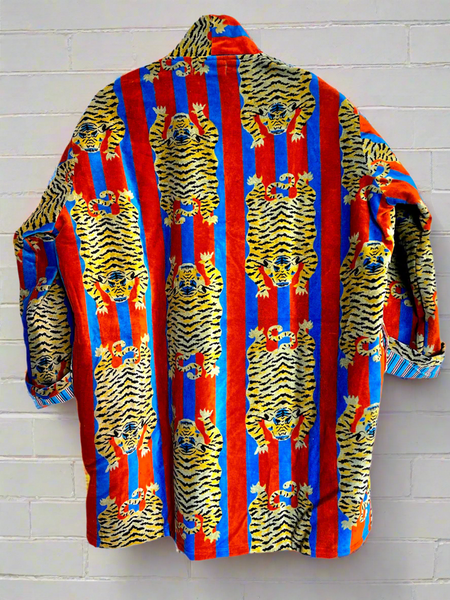 Blue and Red Tiger Print Short Velvet Jacket