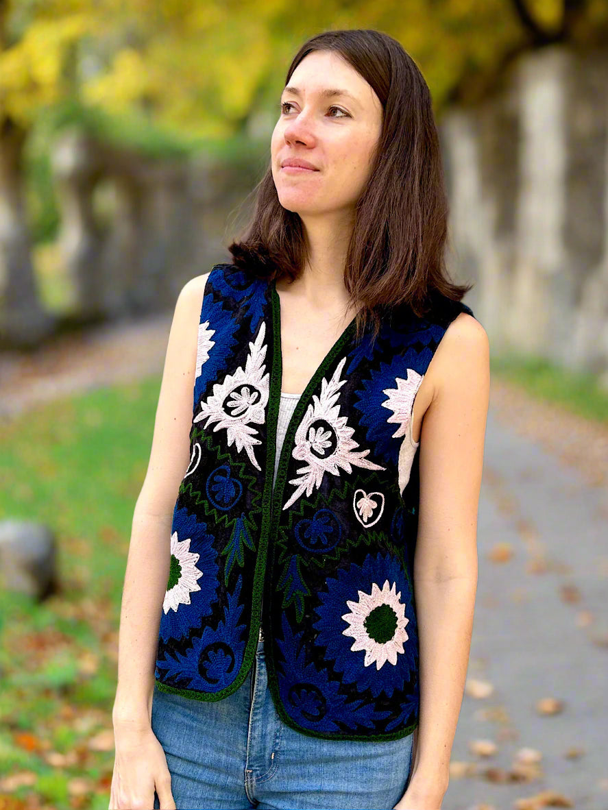 Black with Blue and White Velvet Embroidered Vest