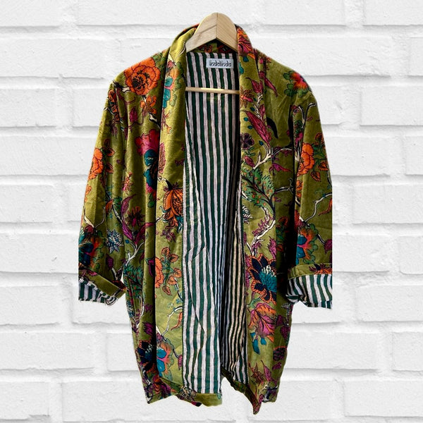 Olive Green Botanical Print Velvet Jacket