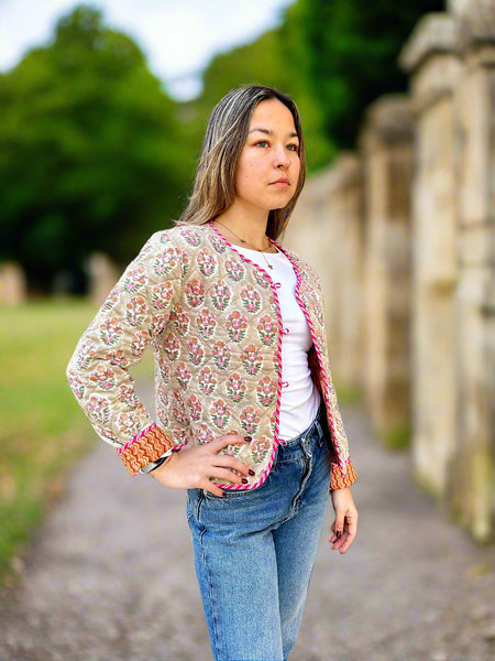 Beige Floral Motif Print Cotton Short Reversible Jacket