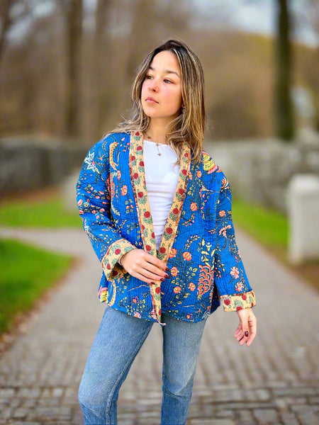 Blue Botanical with Mustard Print Cotton Wrap Reversible Jacket