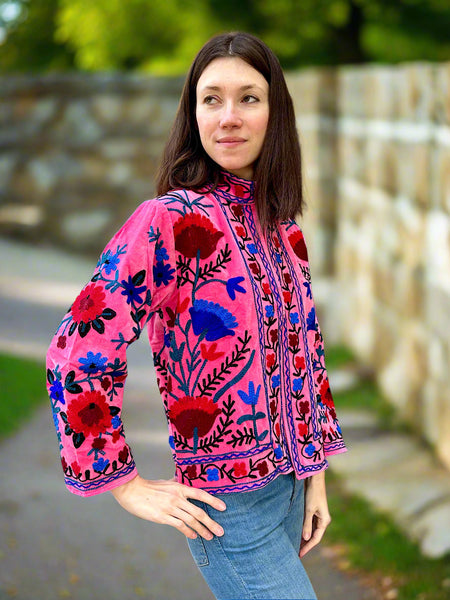 Pink and Blue Velvet Embroidered Jacket