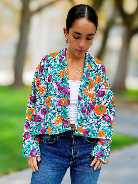 Off White with Pink and Orange Flowers Crop Bohemian Jacket