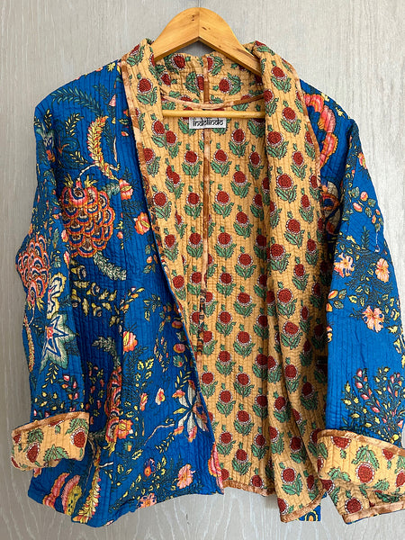 Blue Botanical with Mustard Cotton Wrap Reversible Jacket