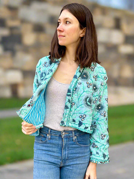 Sea Green with Grey Flowers Crop Bohemian Jacket