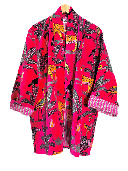 Bright Pink Animal Safari Print Short Velvet Jacket