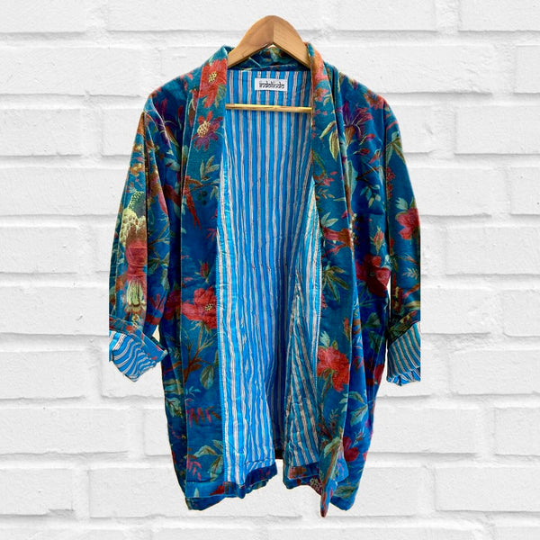 Blue Birds and Flowers Print Velvet Jacket