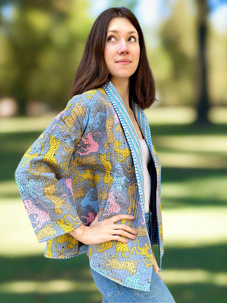 Grey Leopard Print Cotton Wrap Reversible Jacket