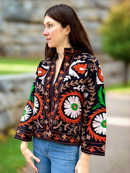 Black with Orange and Green Velvet Embroidered Jacket