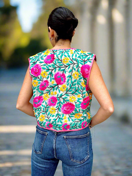 Pink and Yellow Flowers Crop Bohemian Jacket