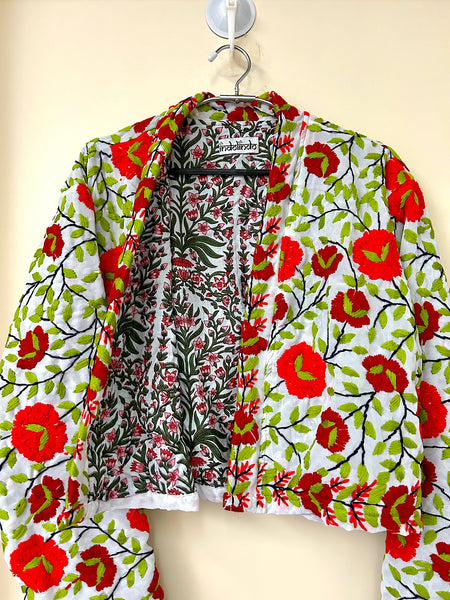 White with Red and Orange Flowers Crop Bohemian Jacket