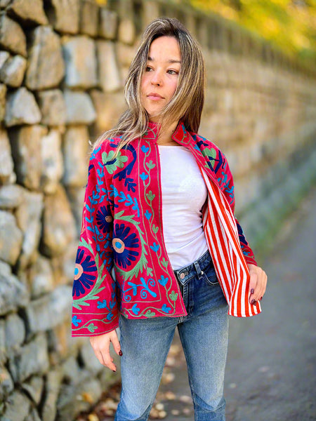 Red With Blue and Green Velvet Embroidered Jacket