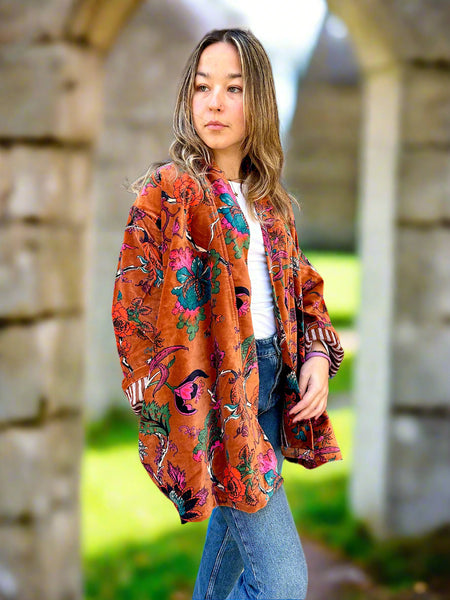 Copper Brown Botanical Print Short Velvet Jacket