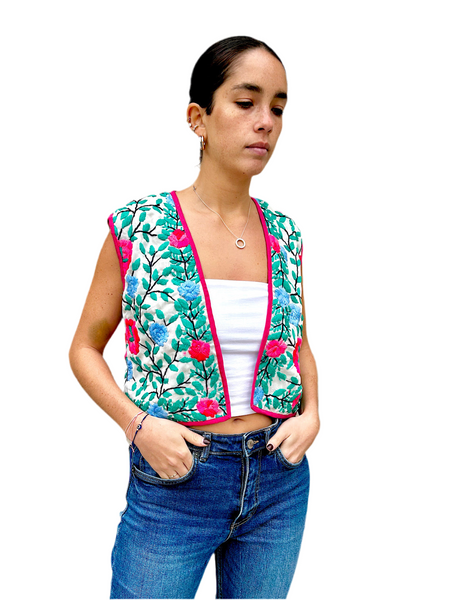 Pink and Blue Flowers Crop Bohemian Jacket