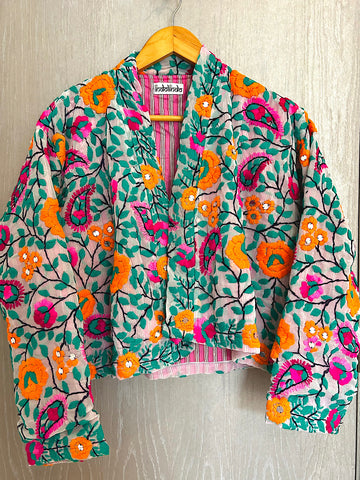 Off White with Pink and Orange Flowers Crop Bohemian Jacket