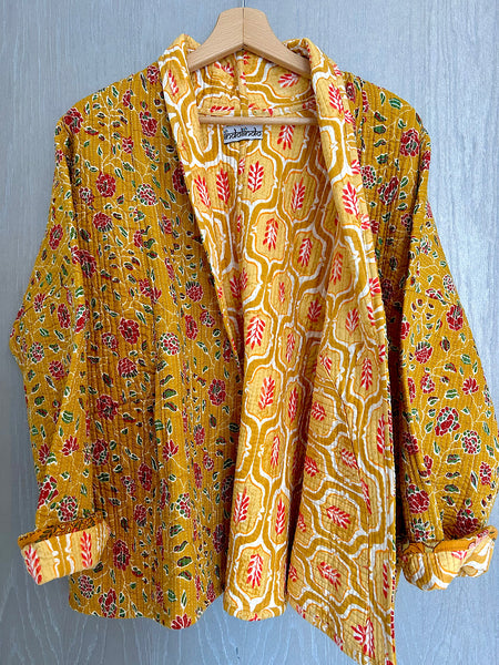 Mustard Floral and Aztec Cotton Wrap Reversible Jacket