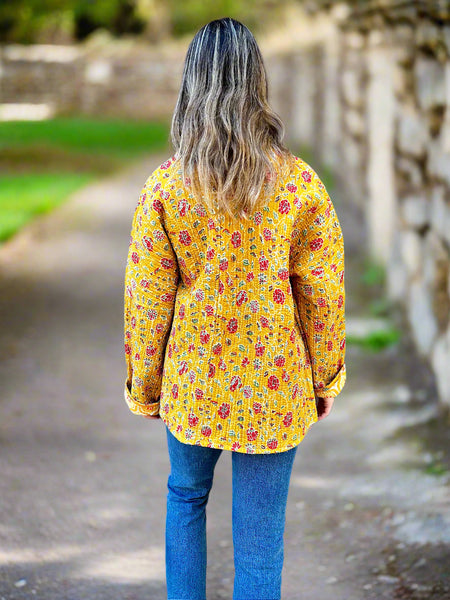 Mustard Yellow Floral Print Cotton Wrap Reversible Jacket