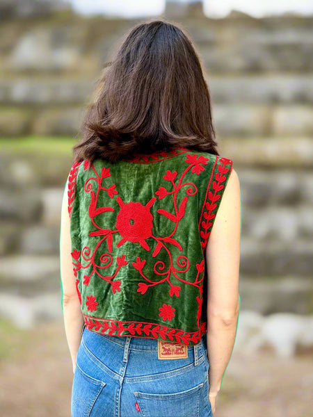 Green and Red Velvet Embroidered Vest