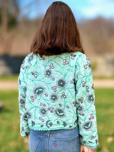 Sea Green with Grey Flowers Crop Bohemian Jacket