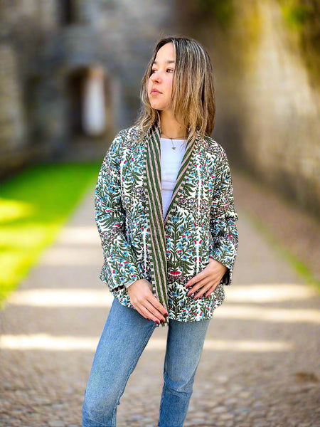 Green Botanical Print Cotton Wrap Reversible Jacket