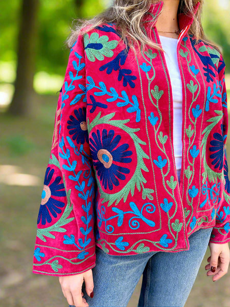 Red With Blue and Green Velvet Embroidered Jacket