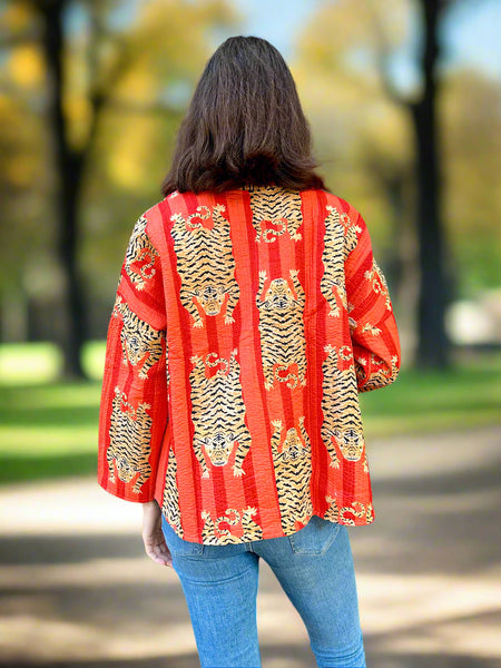 Orange Tinger Print Cotton Wrap Reversible Jacket